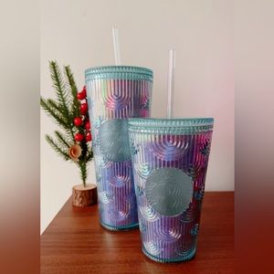 Starbucks 2022 Green Iridescent Mermaid Wave Venti Tumbler Set of 2